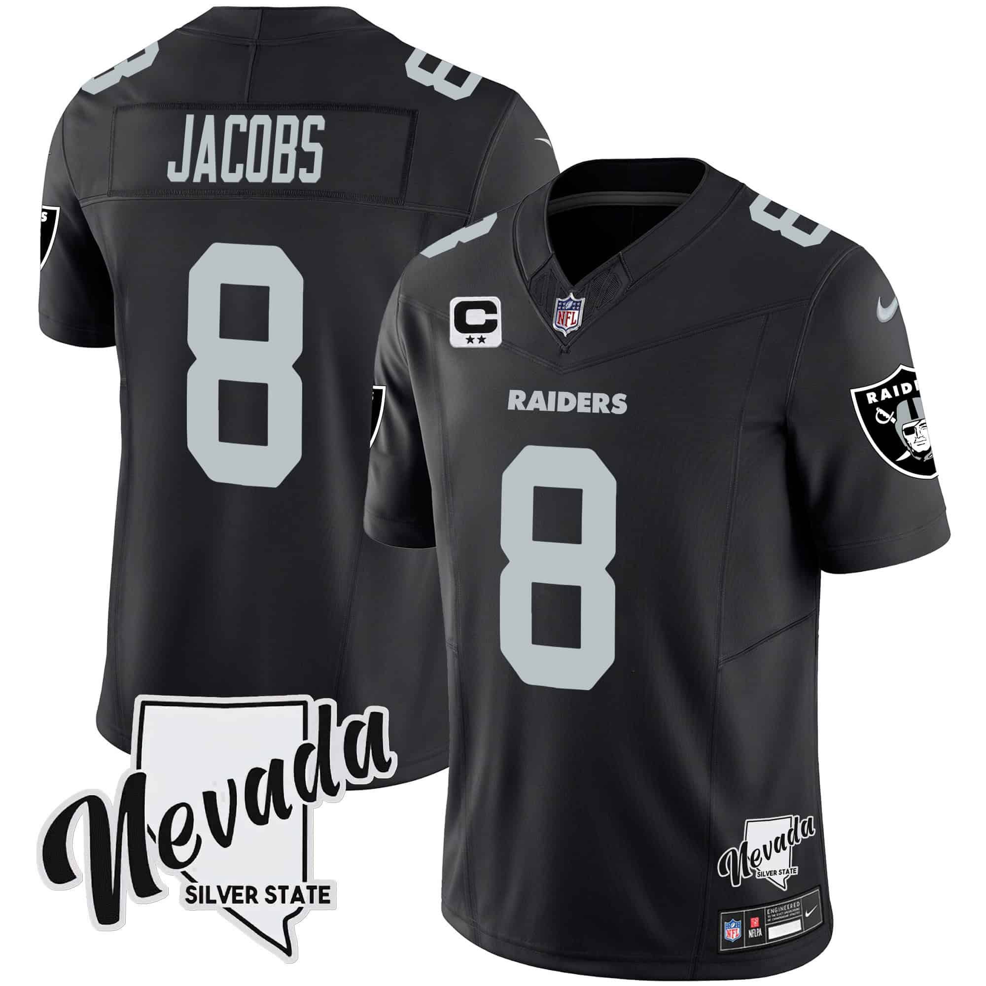 Men Oakland Raiders #8 Jacobs Black 2024 Nike Nevada Silver State Patch Vapor NFL Jersey style 1